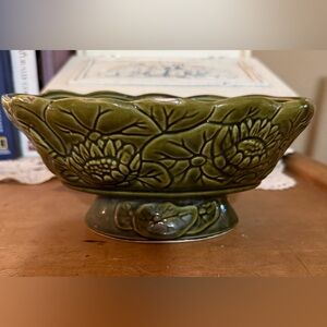 Vintage 1950 Ceramic Green Flower pot With Floral decoration.